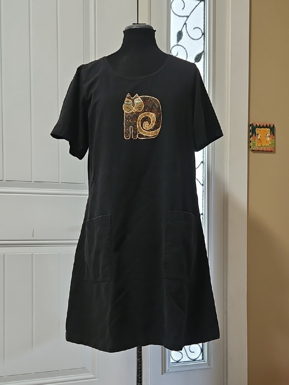 Qualicum Clothworks Black Cotton Tshirt Dress W/ Cat Applique Size M